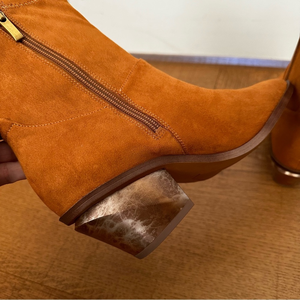 NEW Franco Sarto Sammi Suede Bootie in Camel Whiskey Brown with Metallic Heel - Picture 11 of 12